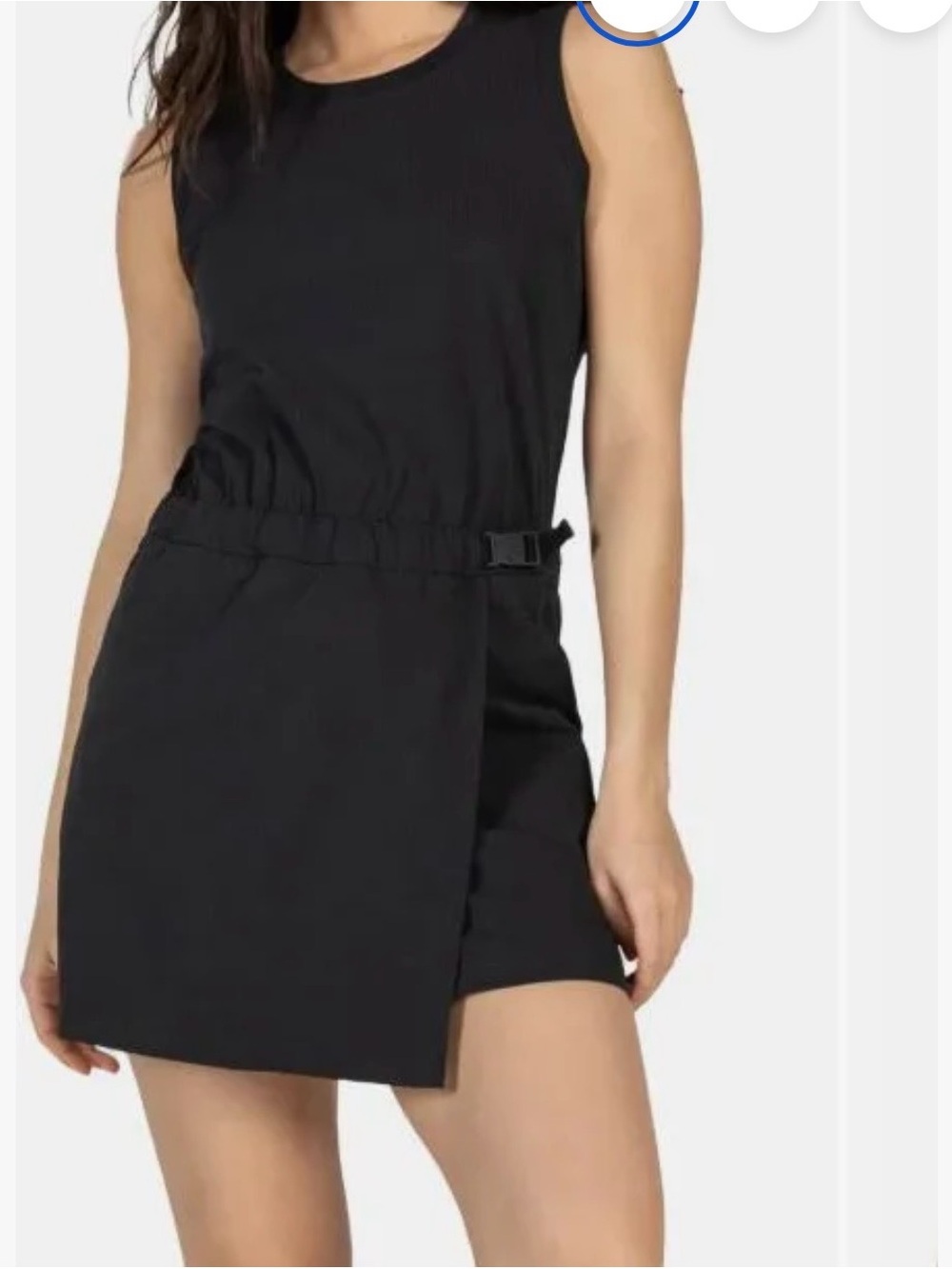 Kyodan Seersucker Black Sleeveless Racer Mini Dress with Buckle Waist